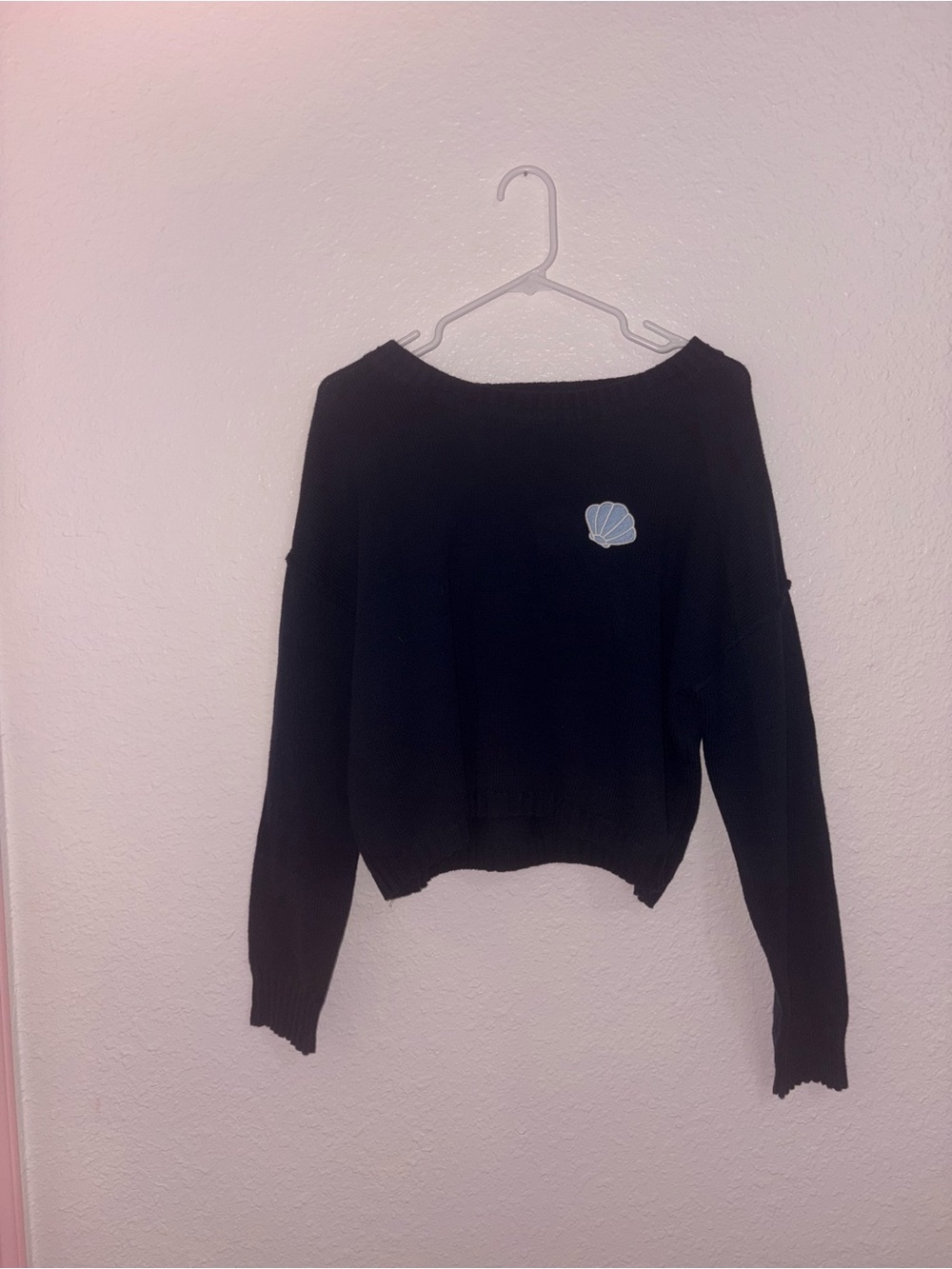 Women's Black Crewneck Sweater with Shell Detail